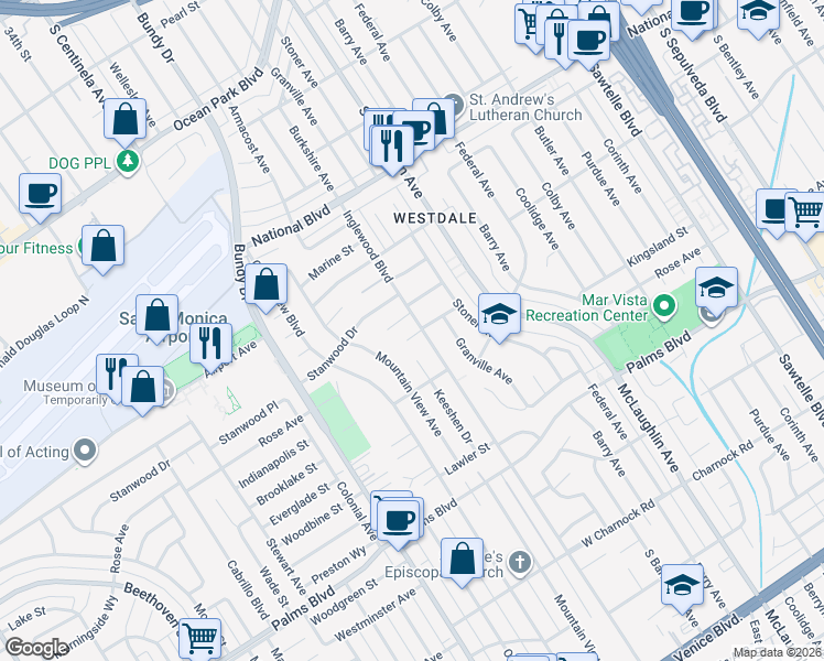 map of restaurants, bars, coffee shops, grocery stores, and more near 12007 Rose Avenue in Los Angeles
