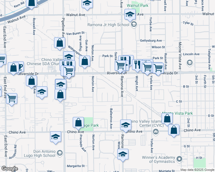 map of restaurants, bars, coffee shops, grocery stores, and more near 12958 Boston Avenue in Chino