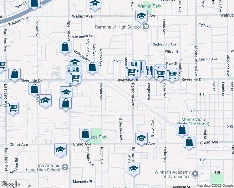 map of restaurants, bars, coffee shops, grocery stores, and more near 12958 Boston Avenue in Chino