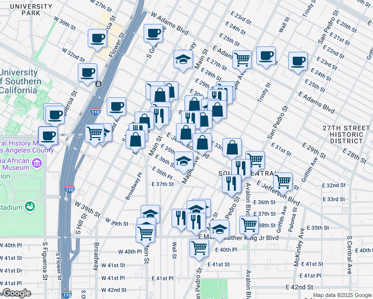 map of restaurants, bars, coffee shops, grocery stores, and more near 177 East 35th Street in Los Angeles