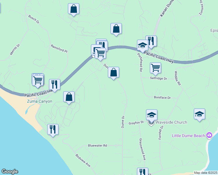 map of restaurants, bars, coffee shops, grocery stores, and more near 29200 Larkspur Lane in Malibu