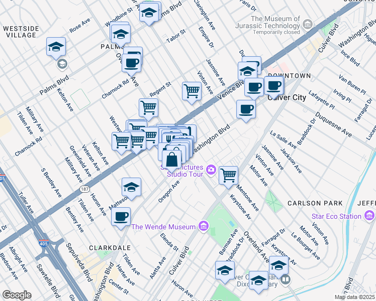 map of restaurants, bars, coffee shops, grocery stores, and more near 10601 Washington Boulevard in Culver City