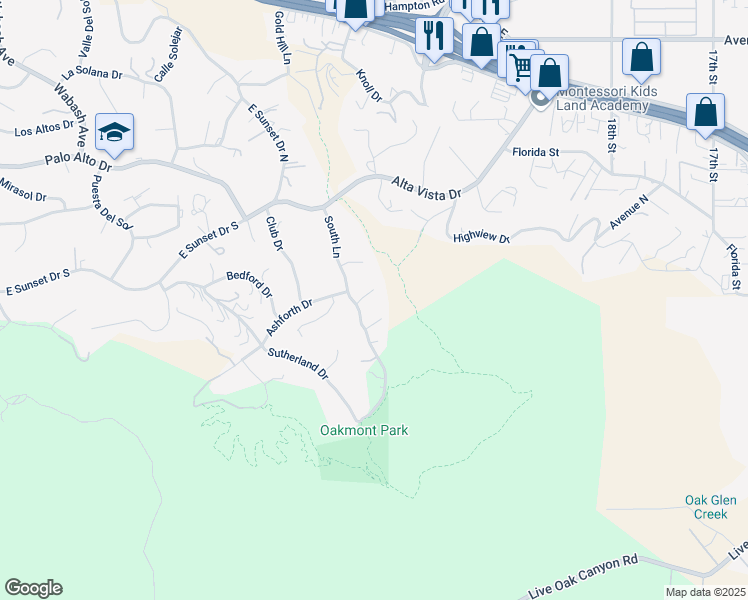 map of restaurants, bars, coffee shops, grocery stores, and more near 31284 Freya Drive in Redlands