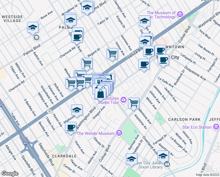 map of restaurants, bars, coffee shops, grocery stores, and more near 10601 Washington Boulevard in Culver City