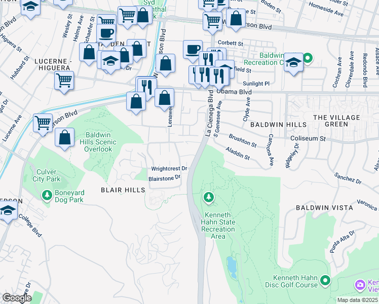 map of restaurants, bars, coffee shops, grocery stores, and more near 5807 Vicstone Court in Culver City