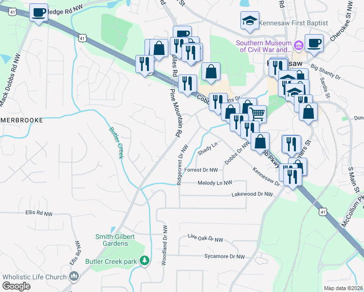 map of restaurants, bars, coffee shops, grocery stores, and more near 1003 Shady Lane in Kennesaw