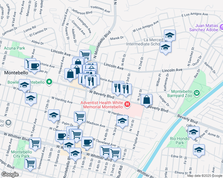 map of restaurants, bars, coffee shops, grocery stores, and more near 500 West Beverly Boulevard in Montebello