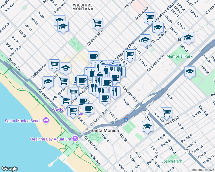 map of restaurants, bars, coffee shops, grocery stores, and more near 626 Broadway in Santa Monica