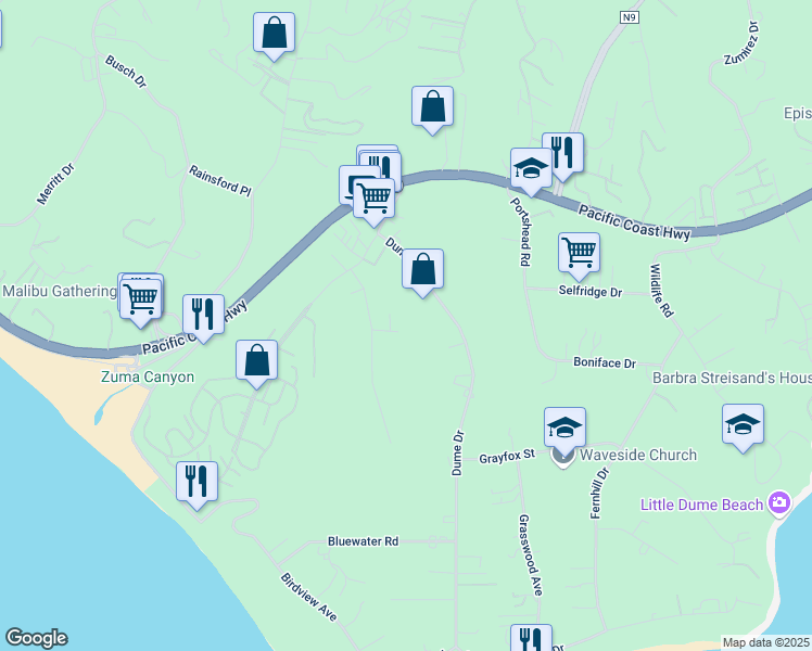 map of restaurants, bars, coffee shops, grocery stores, and more near 29201 Larkspur Lane in Malibu