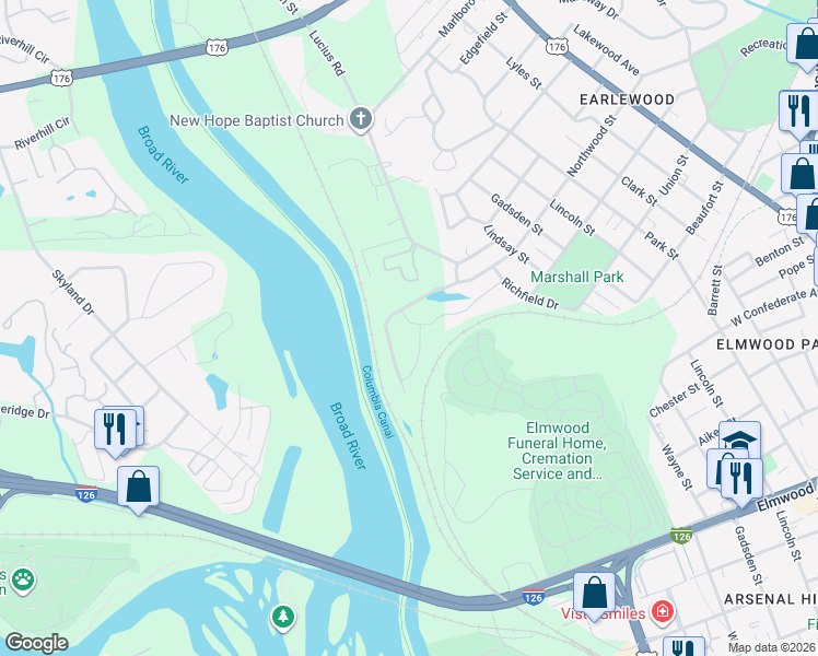 map of restaurants, bars, coffee shops, grocery stores, and more near 238 Northwood Street in Columbia