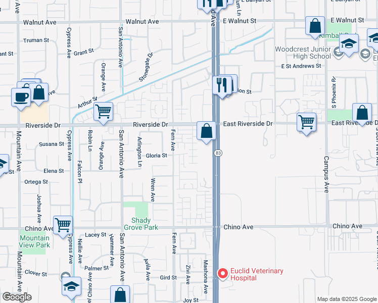 map of restaurants, bars, coffee shops, grocery stores, and more near 13016 Waterlily Way in Chino