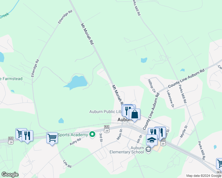 map of restaurants, bars, coffee shops, grocery stores, and more near 62 Mount Moriah Road in Auburn