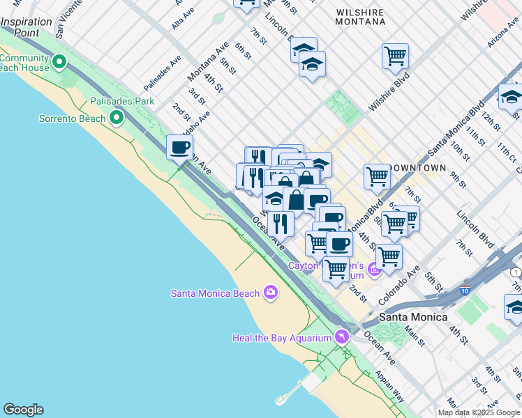 map of restaurants, bars, coffee shops, grocery stores, and more near 101 Wilshire Boulevard in Santa Monica