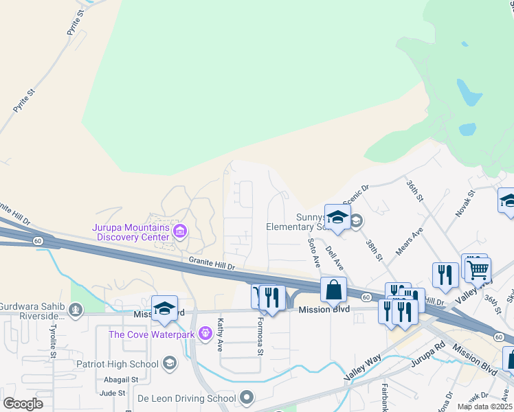 map of restaurants, bars, coffee shops, grocery stores, and more near 3954 Boulder Drive in Jurupa Valley