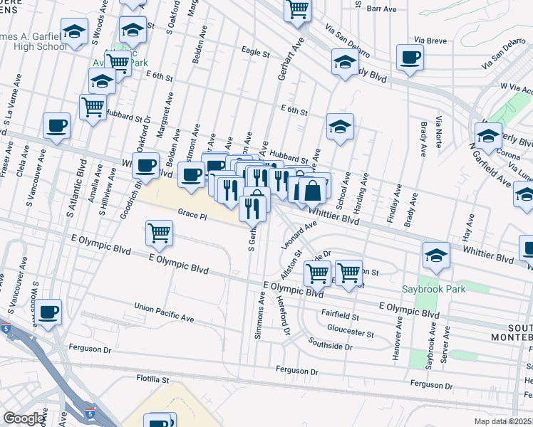 map of restaurants, bars, coffee shops, grocery stores, and more near 934 Simmons Avenue in East Los Angeles