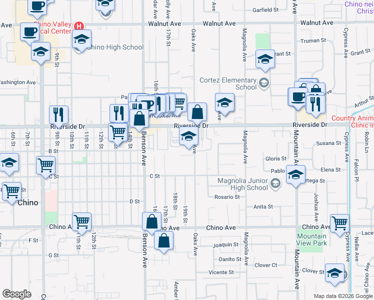 map of restaurants, bars, coffee shops, grocery stores, and more near 5862 C Street in Chino