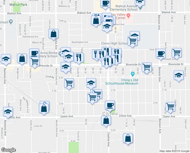 map of restaurants, bars, coffee shops, grocery stores, and more near 13007 6th Street in Chino