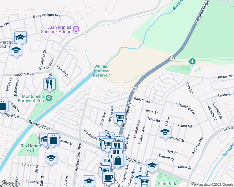 map of restaurants, bars, coffee shops, grocery stores, and more near 8946 Gallatin Road in Pico Rivera