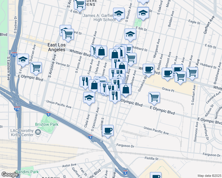 map of restaurants, bars, coffee shops, grocery stores, and more near 1109 South Woods Avenue in East Los Angeles
