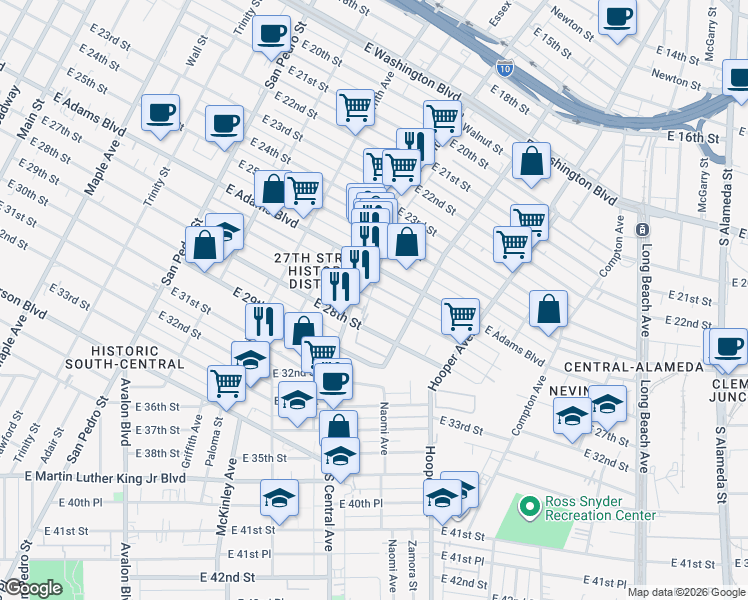 map of restaurants, bars, coffee shops, grocery stores, and more near 1144 East 27th Street in Los Angeles