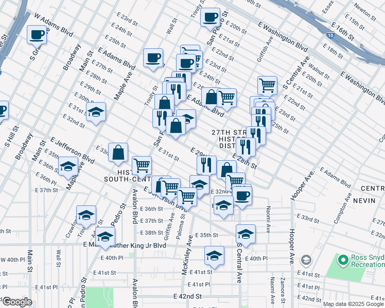 map of restaurants, bars, coffee shops, grocery stores, and more near 854 East 29th Street in Los Angeles