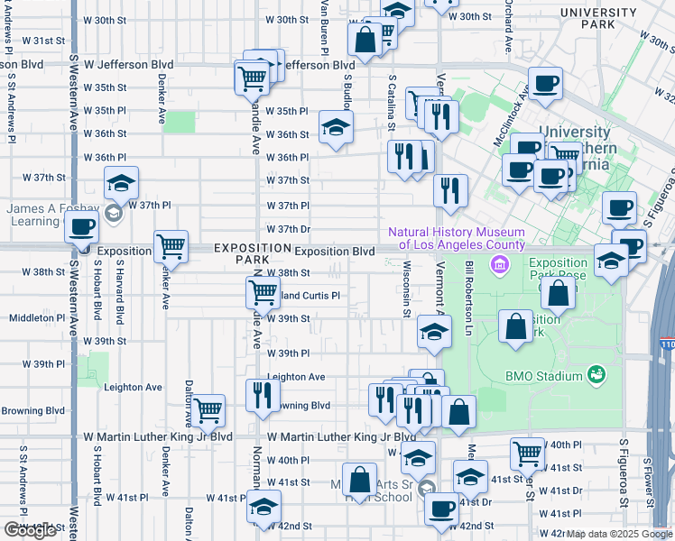 map of restaurants, bars, coffee shops, grocery stores, and more near 3809 1/2 South Budlong Avenue in Los Angeles