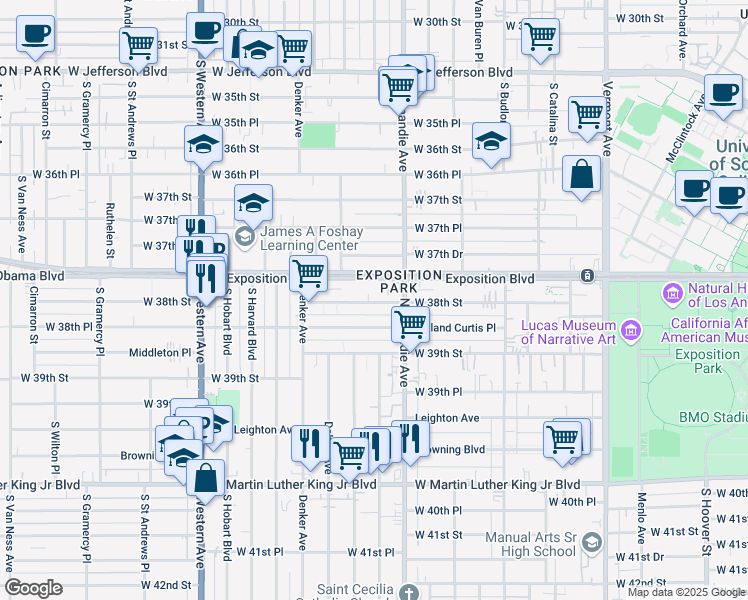 map of restaurants, bars, coffee shops, grocery stores, and more near 1358 West 38th Street in Los Angeles