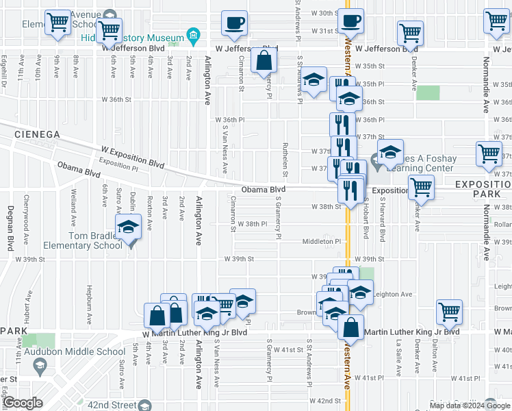 map of restaurants, bars, coffee shops, grocery stores, and more near 1816 West 38th Street in Los Angeles
