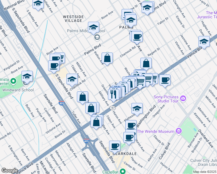 map of restaurants, bars, coffee shops, grocery stores, and more near 3708 Greenfield Avenue in Los Angeles