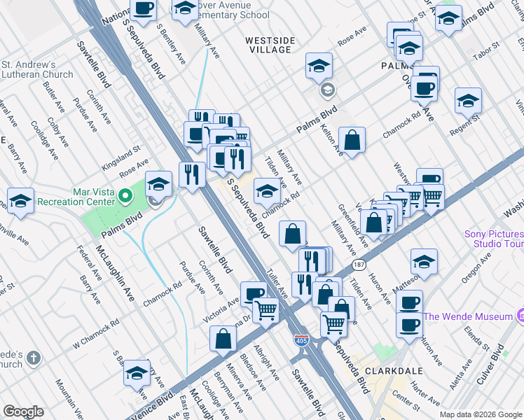 map of restaurants, bars, coffee shops, grocery stores, and more near in Los Angeles