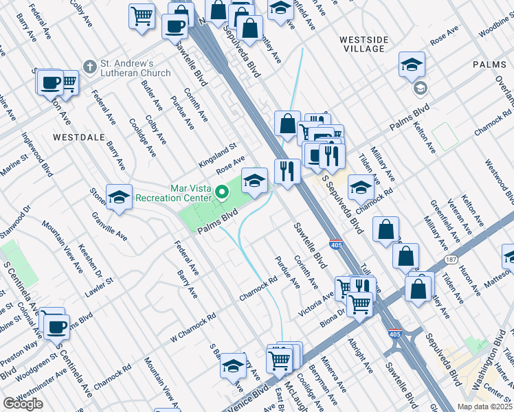 map of restaurants, bars, coffee shops, grocery stores, and more near 11350 Palms Boulevard in Los Angeles