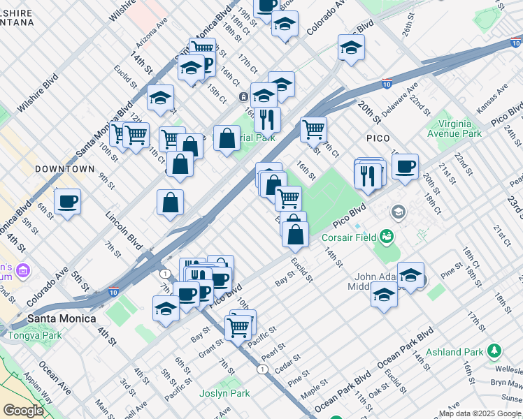map of restaurants, bars, coffee shops, grocery stores, and more near 1837 Euclid Street in Santa Monica