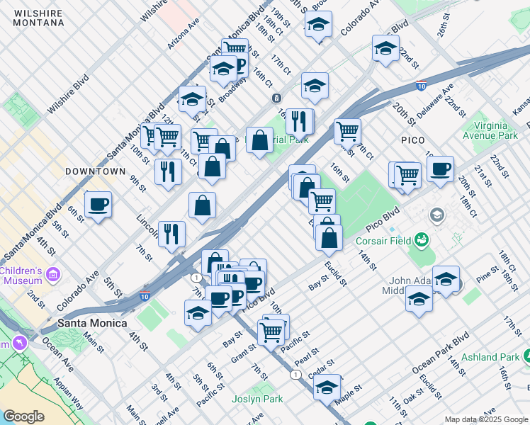map of restaurants, bars, coffee shops, grocery stores, and more near 1210 Michigan Avenue in Santa Monica