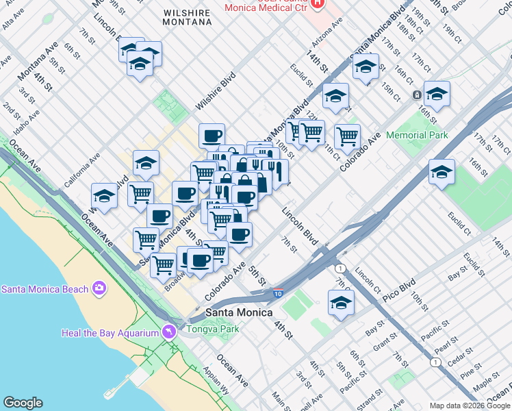 map of restaurants, bars, coffee shops, grocery stores, and more near 626 Broadway in Santa Monica