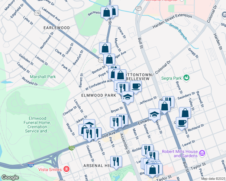 map of restaurants, bars, coffee shops, grocery stores, and more near 1103 Price Avenue in Columbia