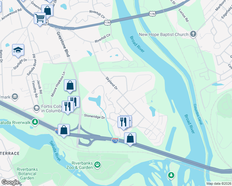 map of restaurants, bars, coffee shops, grocery stores, and more near 601 Skyland Drive in Columbia