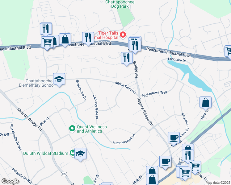 map of restaurants, bars, coffee shops, grocery stores, and more near 2731 Old Coach Road in Duluth