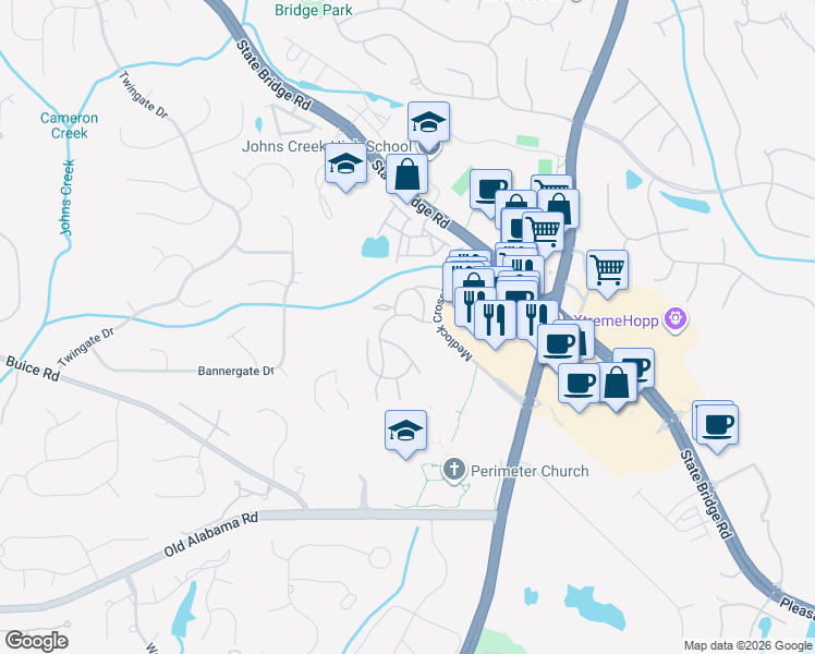 map of restaurants, bars, coffee shops, grocery stores, and more near 303 Bristol Trce in Johns Creek