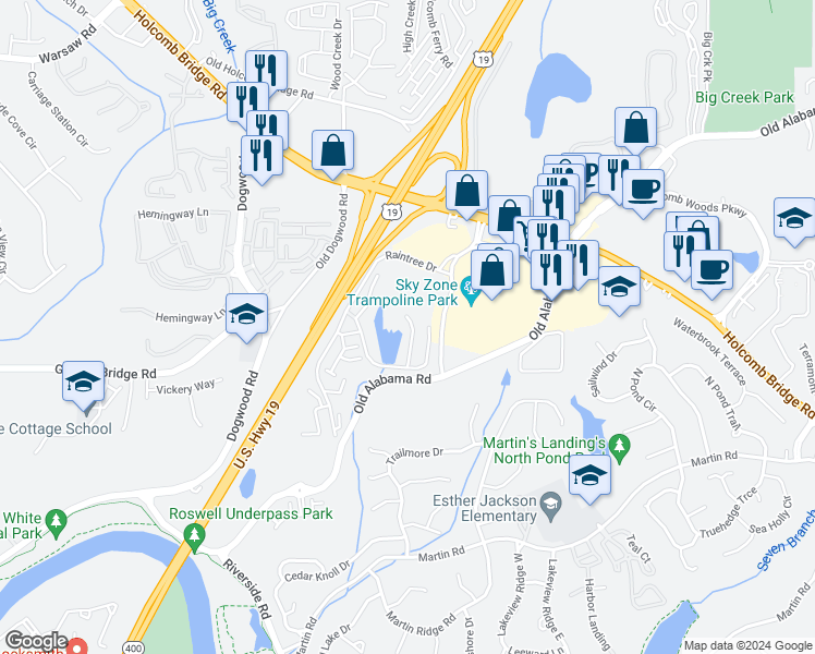 map of restaurants, bars, coffee shops, grocery stores, and more near 1450 Raintree Way in Roswell