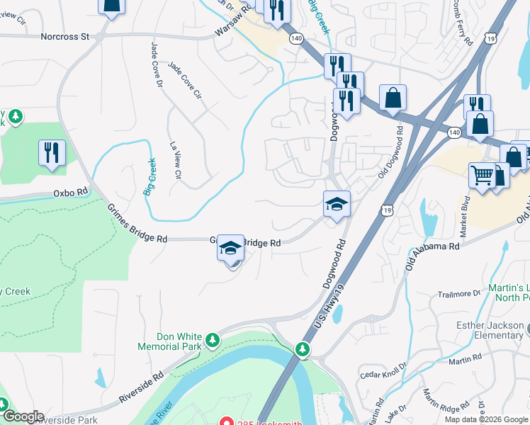 map of restaurants, bars, coffee shops, grocery stores, and more near 2015 Chelsey Way in Roswell