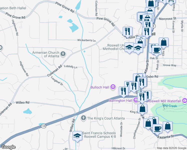 map of restaurants, bars, coffee shops, grocery stores, and more near 230 Cedar Trace in Roswell