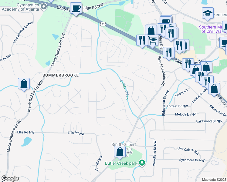 map of restaurants, bars, coffee shops, grocery stores, and more near 2445 Hidden Creek Road in Kennesaw