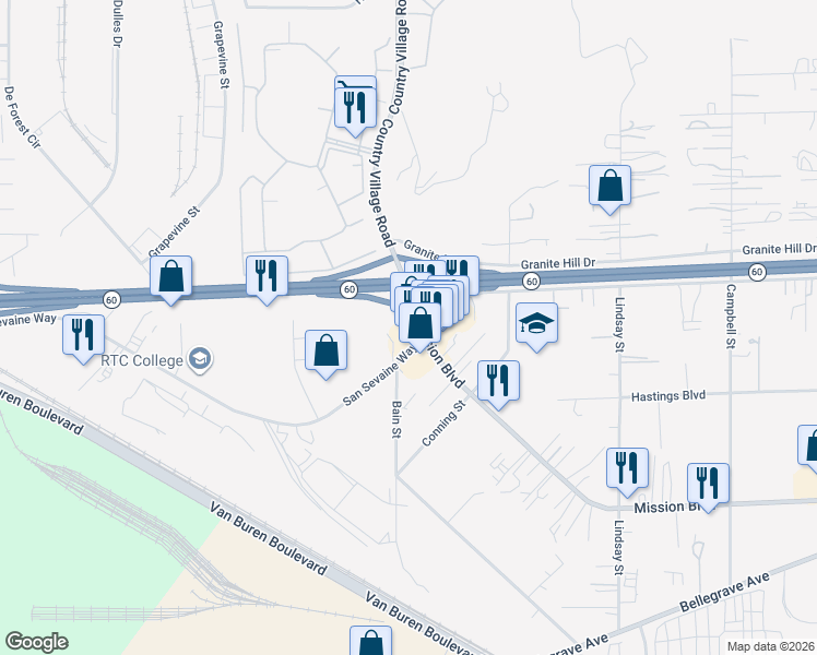 map of restaurants, bars, coffee shops, grocery stores, and more near 10171 Mission Boulevard in Riverside