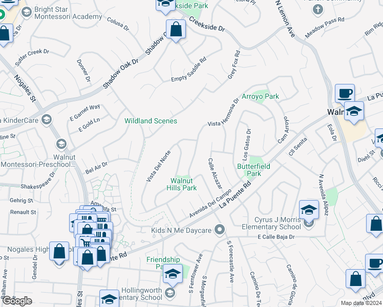 map of restaurants, bars, coffee shops, grocery stores, and more near 19565 Vista Hermosa Drive in Walnut