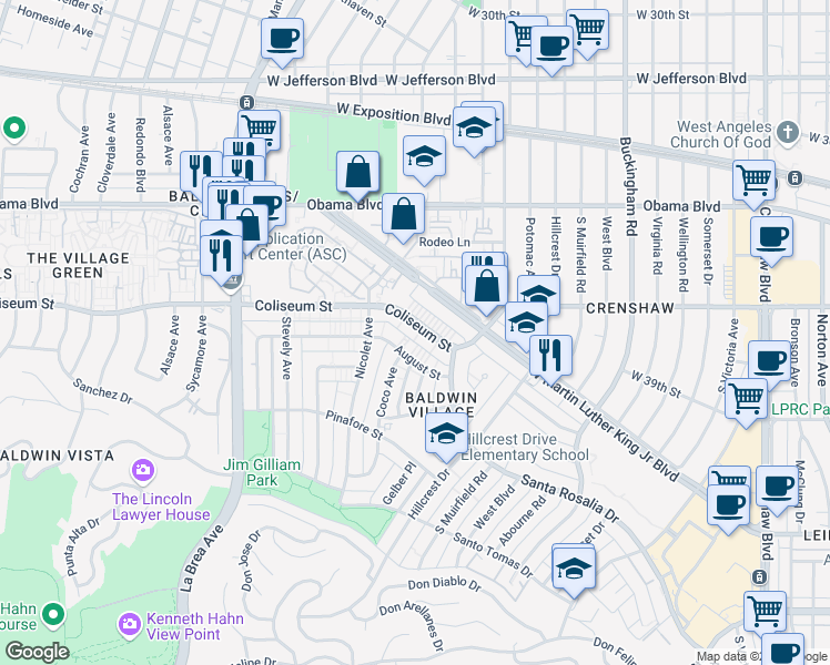 map of restaurants, bars, coffee shops, grocery stores, and more near 4646 Coliseum Street in Los Angeles