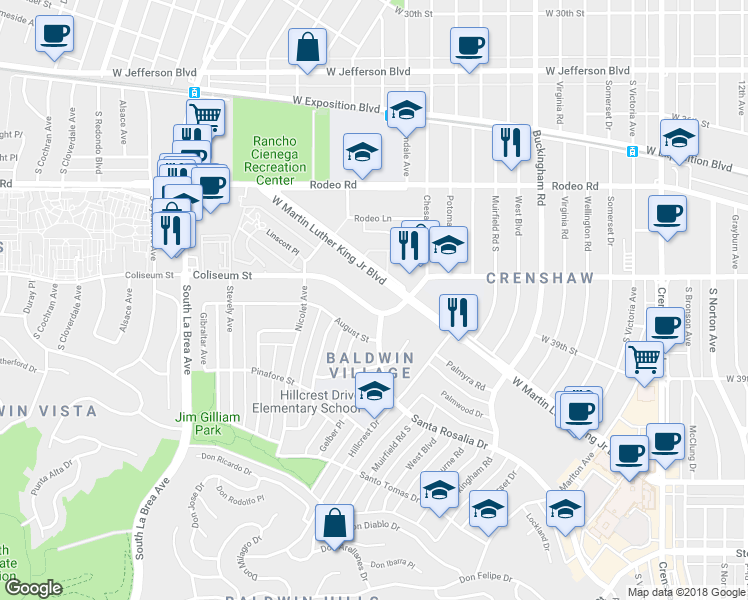 map of restaurants, bars, coffee shops, grocery stores, and more near 4615 Coliseum Street in Los Angeles