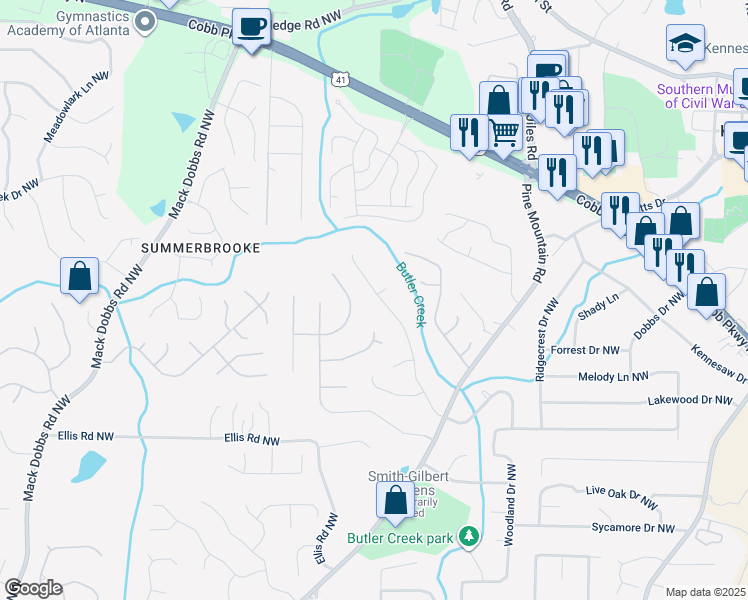 map of restaurants, bars, coffee shops, grocery stores, and more near 2445 Hidden Creek Road in Kennesaw
