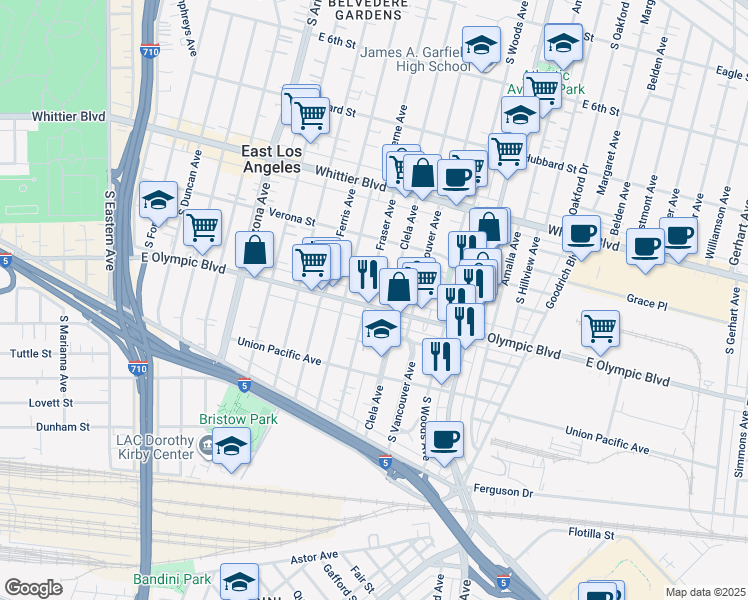 map of restaurants, bars, coffee shops, grocery stores, and more near 1144 Fraser Avenue in East Los Angeles