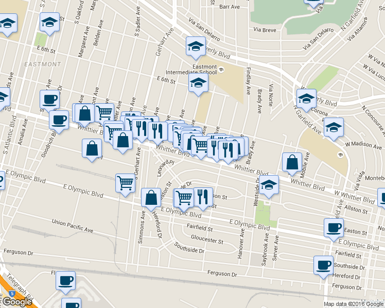 map of restaurants, bars, coffee shops, grocery stores, and more near 5949 Whittier Blvd in Los Angeles