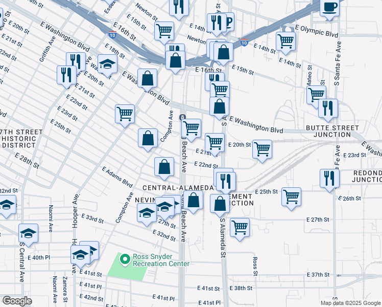 map of restaurants, bars, coffee shops, grocery stores, and more near 1721 East 22nd Street in Vernon